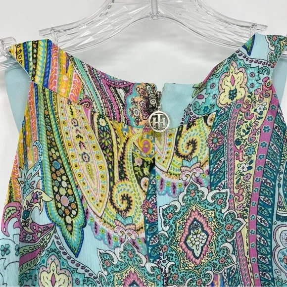 Tommy Hilfiger Blue Paisley Halter Long Dress Belted Size 10 Full Zip Back Lined - Picture 3 of 7